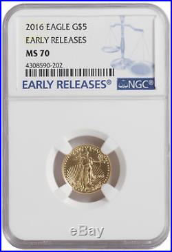 2016 $5 1/10oz Gold American Eagle MS70 NGC ER Blue Label