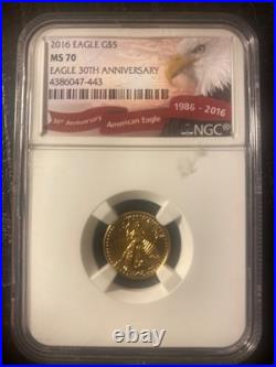 2016 $5 Gold 1/10 oz American Eagle NGC MS70 30th Anniversary Label