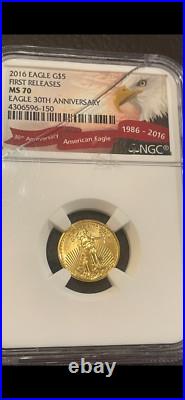 2016 $5 Gold 1/10 oz American Eagle NGC MS70 Eagle 30th Anniversary