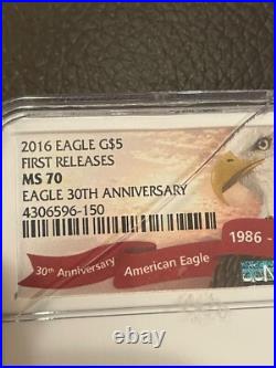 2016 $5 Gold 1/10 oz American Eagle NGC MS70 Eagle 30th Anniversary