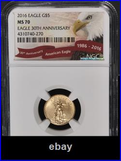 2016 Gold American Eagle $5 NGC MS70 30th Anniv Eagle Label STOCK