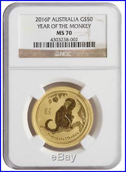 2016-P $50 1/2oz Gold Australian Year of the Monkey MS70 NGC Brown