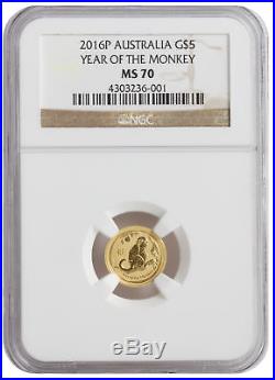 2016-P $5 1/20oz Gold Australian Year of the Monkey MS70 NGC Brown