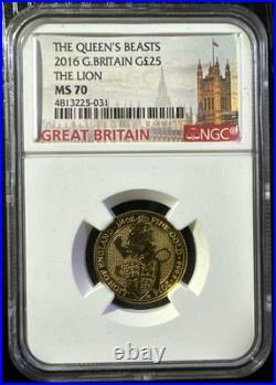 2016 The Queen's Beast Lion 25 Pounds MS70 By NGC (1/4 Ounce Gold)