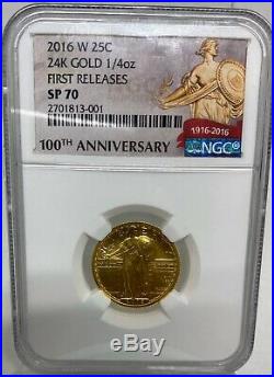 2016 W 24K GOLD 1/4oz 25C Standing Liberty Quarter 100th Anniversary NGC SP70 FR