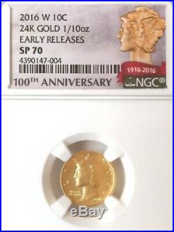 2016-W Mercury Dime 10C NGC SP70 Early Releases Holder 1/10oz Gold Coin
