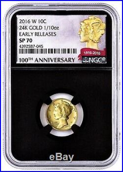 2016 West Point Gold Mercury Dime SP 70 1/10 oz Early R. 24KT 100th Anniversary
