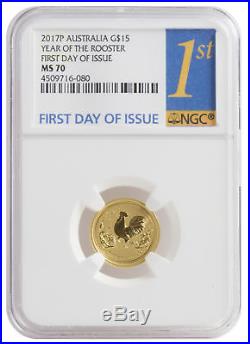 2017-P $15 1/10oz Gold Australian Year of the Rooster MS 70 FDOI NGC