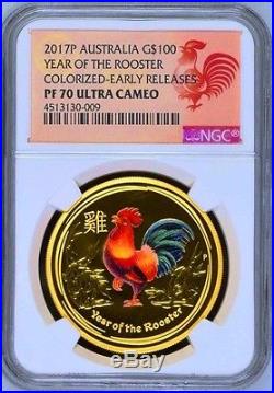 2017 P Australia PROOF Colorized GOLD $100 Lunar Year ROOSTER NGC PF70 1 oz Coin