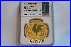 2017-P FIRST DAY OF ISSUE FDI POP 46 1 Oz LUNAR GOLD YEAR OF THE ROOSTER NGC 70