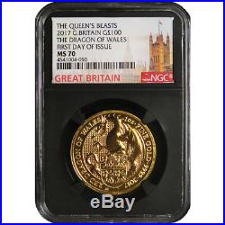 2017 UK 100 Pound 1 oz Gold Queen's Beast The Dragon NGC MS70 FDI London Label R