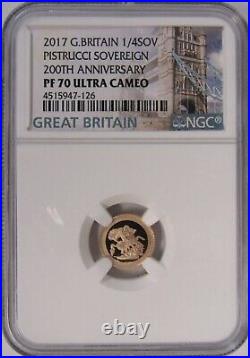 2017 UK Great Britain Pistrucci Gold Proof 1/4 Sovereign. NGC PF 70 TOP POP