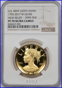 2017-W $100 Gold 1oz Proof NGC PF70 UC US Mint 225th Anniv. High Relief NG2176 c