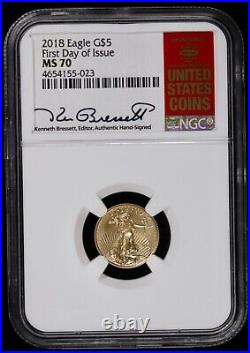 2018 1/10 oz $5 Gold Eagle NGC MS70 First Day of Issue FDI Kenneth Bressett AGE