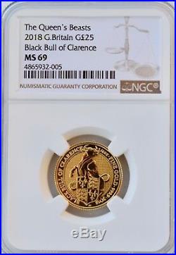 2018 GOLD QUEEN'S BEAST BLACK BULL NGC MS69 CLARENCE 1/4 oz £25 COIN BU