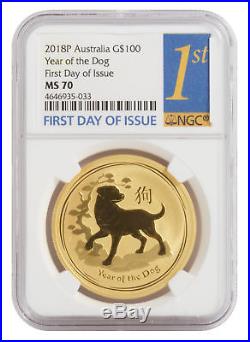 2018-P $100 1oz Gold Australian Year of the Dog MS 70 First Day of Issue NGC