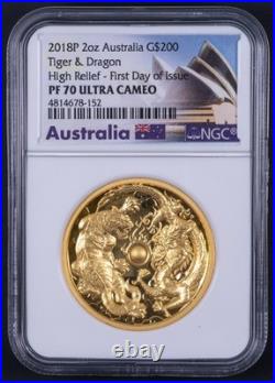 2018 P 2 oz Australia Proof Gold $200 Tiger & Dragon High Relief NGC PF70