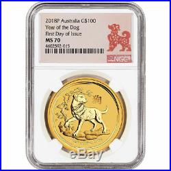 2018 P Australia Gold Lunar Dog (1 oz) $100 NGC MS70 First Day of Issue