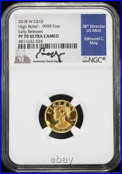 2018-W $10 1/10th oz. 9999 Proof Gold American Liberty HR NGC PF 70 UC ER Moy