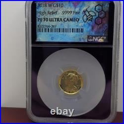 2018 W $10 High Relief Gold. 9999 Proof PF70 Ultra Cameo NGC Coin