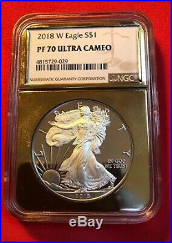 2018 W American Silver Eagle Proof70Ultra CameoNGC Brown Label With Gold Core