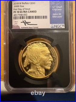 2018 W Gold Buffalo NGC PF70 Proof FIRST DAY of ISSUE FDOI Mercanti signature