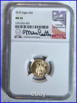 2019 $5 American Gold Eagle 1/10 Ounce MS70 NGC Graded Mike Castle Signed 2019 $5 American Gold Eagle 1/10 Ounce MS70 NGC Graded Mike Castle Signed