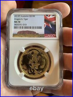 2019 Australia Dragon & Tiger 1 Oz. 9999 Gold Coin NGC? MS70 Pop Only 23