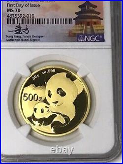 2019 (G) China Gold Panda 30 g 500 Yuan NGC MS70 First Day Issue Fang Signed