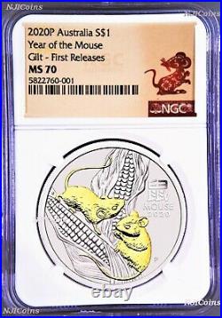 2020 Australia GILDED Silver Lunar Year of the MOUSE NGC MS70 1oz $1 Coin GILT