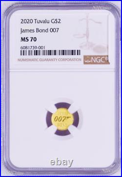 2020 James Bond 007 $2 0.5g. 9999 Gold COIN NGC MS70 PF70 Brown Label