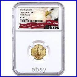 2021 1/10 oz Gold American Eagle Type 2 $5 NGC MS70 FR Exclusive Eagle Red Ba