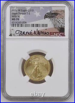 2021 1/4 $10 Gold Eagle Type 2 NGC MS70 Jennis Norris Signed (With W) RARE