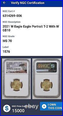 2021 1/4 $10 Gold Eagle Type 2 NGC MS70 Jennis Norris Signed (With W) RARE
