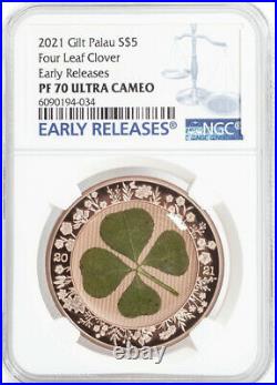 2021 $5 Palau Four-Leaf Clover 1oz Rose Gold Plated Silver Coin NGC PF70 UCAM ER