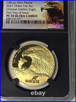 2021 China 1 oz Gold Chinese Golden Eagle NGC PF70-First Day of Issue