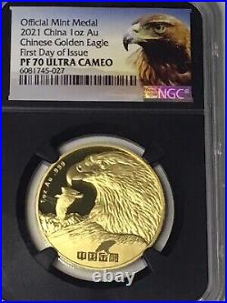 2021 China 1 oz Gold Chinese Golden Eagle NGC PF70-First Day of Issue