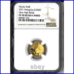 2021 Mongolia Mystic Wolf 1/10 oz. 999 Gold Proof Coin NGC PF 70 UCAM 999 Made