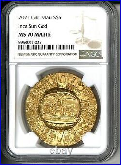2021 Palau $5 Inca Sun God Gold Gilt 1 oz Silver Coin NGC MS 70 2,021 Made