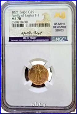 2021 T1, American $5 Gold Eagle, NGC MS 70, Miley Frost Signed, Designer Series