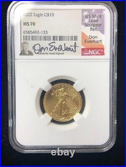 2022 $10 American Gold Eagle NGC MS70 1/4 Oz Don Everhart Signed