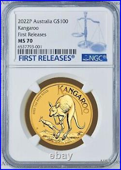 2022 Australia Bullion 1oz. 9999 GOLD Kangaroo NGC MS70 $100 Coin FR