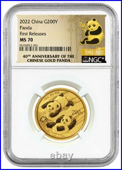 2022 China 15 g Gold Panda ¥200 Coin NGC MS70 FR Panda Gold 40th Label