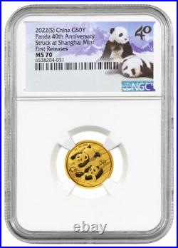 2022 China 3 g Gold Panda ¥50 40th Anniv Struck at Shanghai Mint NGC MS70 FR