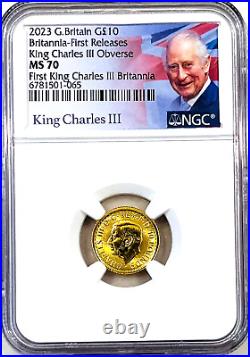 2023 G. Britain £10 1/10th Oz GOLD BRITANNIA KING III CHARLES OBV NGC MS70 FR