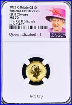 2023 G Britain £10 BRITANNIA GOLD & QE II Obverse NGC MS70 First Releases