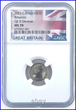 2023 Great Britain 1/10th Gold Britannia Queen Reverse NGC MS70 Flag Label
