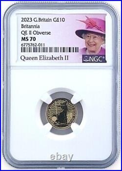 2023 Great Britain 1/10th Gold Britannia Queen Reverse NGC MS70 Queen Label
