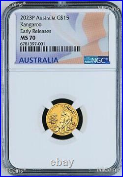 2023 P Australia Bullion. 9999 GOLD $15 Kangaroo NGC MS70 1/10oz Coin FR Flag LB