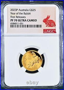 2023 P Australia PROOF GOLD $25 Lunar Year of the Rabbit NGC PF70 1/4 oz Coin FR